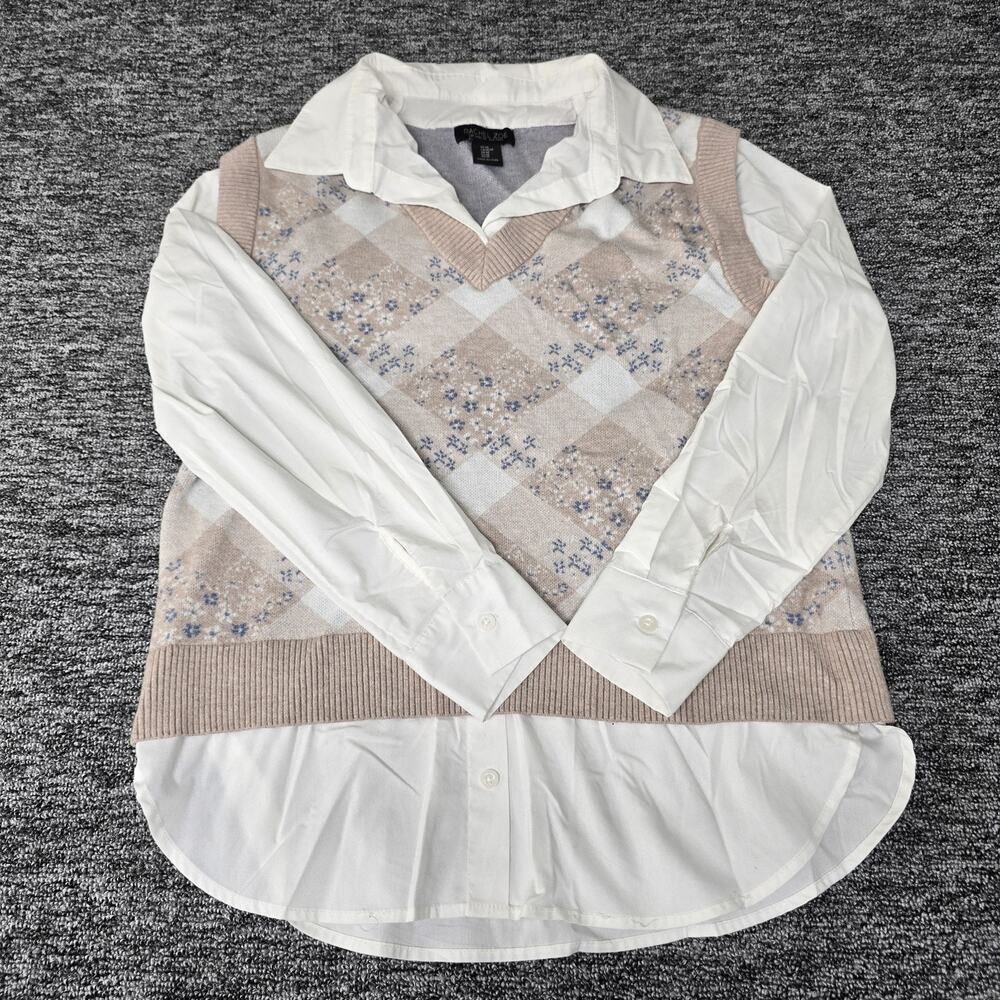 Rachel Zoe Faux Layered Seater Women's M Tan White Argyle Blue Floral Preppy